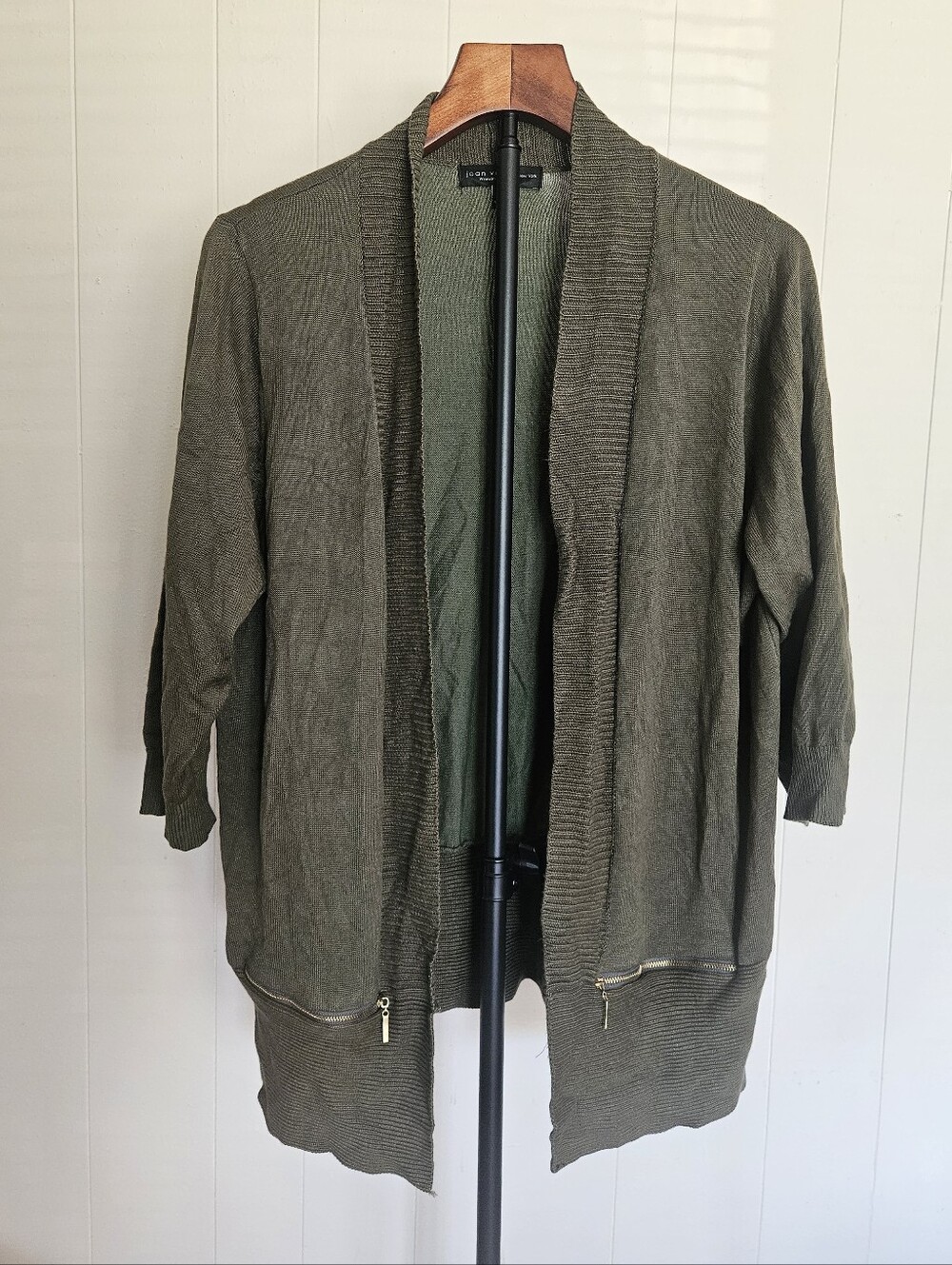 Joan Vass Olive Open-Front Cardigan with Zip Pocket Accents Size 1X